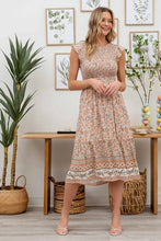 SMOCKED FLORAL BORDER PRINT MIDI DRESS - PEACH MULTI