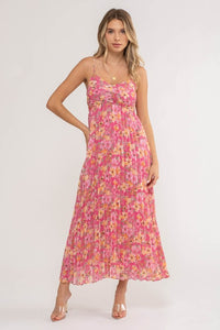 SPAGHETTI STRAP FLORAL MIDI DRESS - PINK MULTI