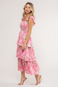 FLORAL TIERED MIDI DRESS - PINK MULTI