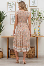 SMOCKED FLORAL BORDER PRINT MIDI DRESS - PEACH MULTI