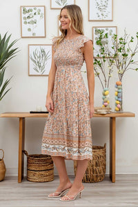 SMOCKED FLORAL BORDER PRINT MIDI DRESS - PEACH MULTI