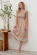 SMOCKED FLORAL BORDER PRINT MIDI DRESS - PEACH MULTI