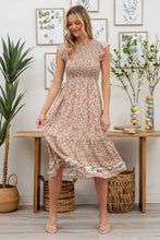 SMOCKED FLORAL BORDER PRINT MIDI DRESS - PEACH MULTI