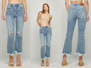 Hidden Light Wash Distressed Cropped Frayed Flare