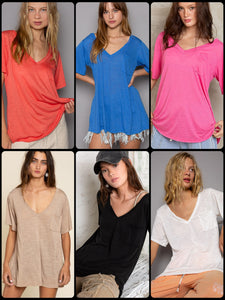 POL V-neck short sleeve chest pocket slub knit tee - Assorted Colors