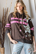 OLI & HALI WASHED STAR PATCHWORK HOODED LONG SLEEVE PULLOVER - COFFEE OR MOCHA