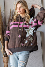 OLI & HALI WASHED STAR PATCHWORK HOODED LONG SLEEVE PULLOVER - COFFEE OR MOCHA