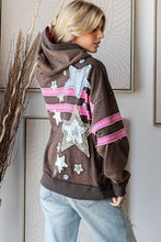 OLI & HALI WASHED STAR PATCHWORK HOODED LONG SLEEVE PULLOVER - COFFEE OR MOCHA