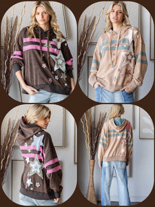 OLI & HALI WASHED STAR PATCHWORK HOODED LONG SLEEVE PULLOVER - COFFEE OR MOCHA