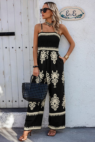 Off Shoulder Ruched Printed High Waist Jumpsuit - Black