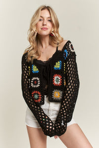 FRONT TIE CROCHET CARDIGAN - BLACK