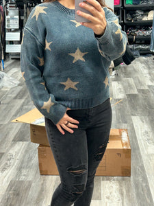 MINERAL WASH STAR PRINT RIB KNIT SWEATER - BLACK OR BLUE.