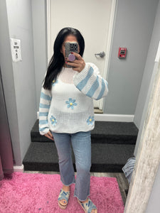 Crochet Boat Neck Sweater Knit Top - Light Blue