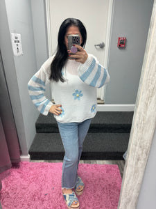 Crochet Boat Neck Sweater Knit Top - Light Blue