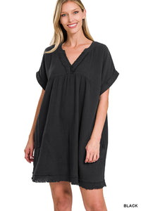 GAUZE ROLLED SHORT SLEEVE RAW EDGE V-NECK DRESS - ASSORTED COLORS