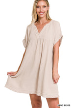 GAUZE ROLLED SHORT SLEEVE RAW EDGE V-NECK DRESS - ASSORTED COLORS