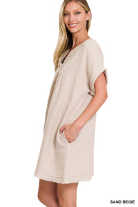 GAUZE ROLLED SHORT SLEEVE RAW EDGE V-NECK DRESS - ASSORTED COLORS