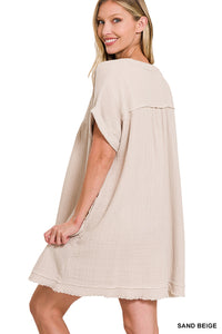 GAUZE ROLLED SHORT SLEEVE RAW EDGE V-NECK DRESS - ASSORTED COLORS