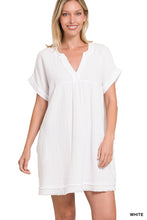 GAUZE ROLLED SHORT SLEEVE RAW EDGE V-NECK DRESS - ASSORTED COLORS