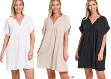 GAUZE ROLLED SHORT SLEEVE RAW EDGE V-NECK DRESS - ASSORTED COLORS