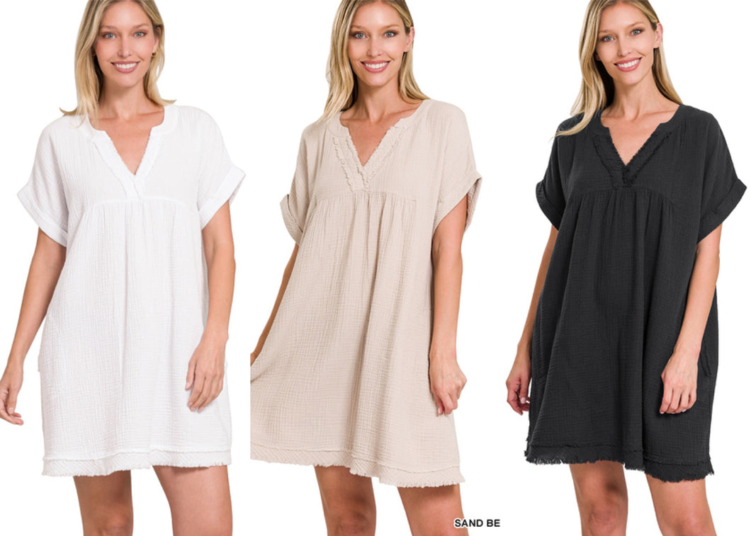 GAUZE ROLLED SHORT SLEEVE RAW EDGE V-NECK DRESS - ASSORTED COLORS