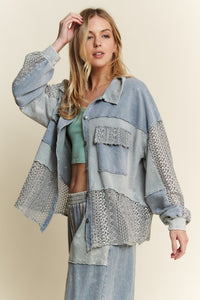 Mineral Washed Lace color block Shacket Jacket - Silver Grey