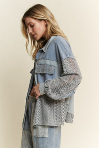 Mineral Washed Lace color block Shacket Jacket - Silver Grey