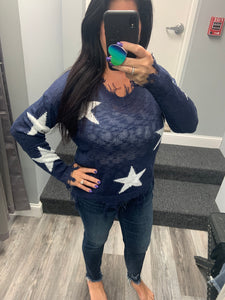 STAR PRINTED KNIT DISTRESSED DETAILED LIGHTWEIGHT SWEATER - ASSORTED COLORS