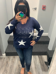 STAR PRINTED KNIT DISTRESSED DETAILED LIGHTWEIGHT SWEATER - ASSORTED COLORS