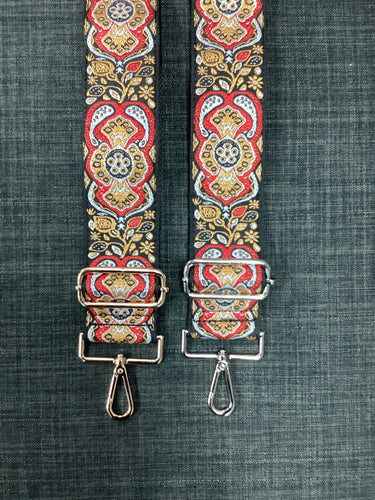 RED/Camel/Black Abstract Adjustable Print Bag Strap - Gold/ Silver Hardware