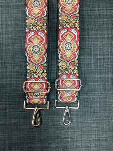 RED/Camel/Black Abstract Adjustable Print Bag Strap - Gold/ Silver Hardware