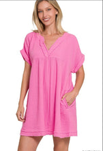 GAUZE ROLLED SHORT SLEEVE RAW EDGE V-NECK DRESS - ASSORTED COLORS