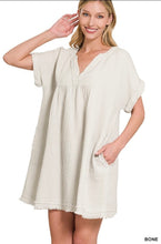 GAUZE ROLLED SHORT SLEEVE RAW EDGE V-NECK DRESS - ASSORTED COLORS