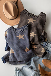 MINERAL WASH STAR PRINT RIB KNIT SWEATER - BLACK OR BLUE.