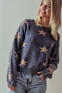 MINERAL WASH STAR PRINT RIB KNIT SWEATER - BLACK OR BLUE.