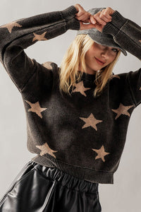 MINERAL WASH STAR PRINT RIB KNIT SWEATER - BLACK OR BLUE.