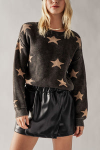 MINERAL WASH STAR PRINT RIB KNIT SWEATER - BLACK OR BLUE.