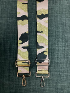 CAMOUFLAGE BAG STRAP W/METALLIC THREAD-  LIGHT PINK/METALLIC GOLD/BLACK - GOLD/SILVER HARDWARE