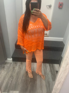 VENTI6 CROCHET DROP SHOULDER 3/4 SLV HIGH LOW SHIRT - ORANGE