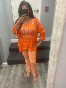 VENTI6 CROCHET DROP SHOULDER 3/4 SLV HIGH LOW SHIRT - ORANGE