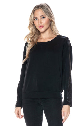 ARIELLA CREW NECK W/ PLEATHER SLEEVE IN SCUBA - BLACK