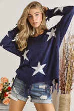 STAR PRINTED KNIT DISTRESSED DETAILED LIGHTWEIGHT SWEATER - ASSORTED COLORS