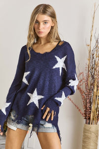 STAR PRINTED KNIT DISTRESSED DETAILED LIGHTWEIGHT SWEATER - ASSORTED COLORS