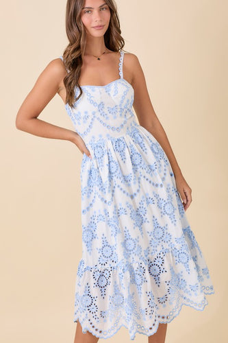 Strap Midi Dress With Eyelet Fabric Detail - Light Blue