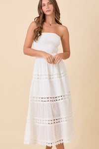 Tube Smocking Midi Lace Border Dress - White or Blue