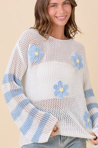 Crochet Boat Neck Sweater Knit Top - Light Blue