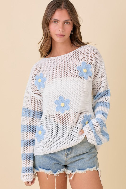 Crochet Boat Neck Sweater Knit Top - Light Blue