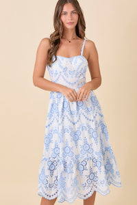 Strap Midi Dress With Eyelet Fabric Detail - Light Blue