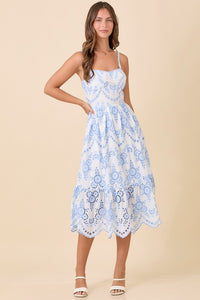 Strap Midi Dress With Eyelet Fabric Detail - Light Blue