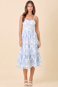 Strap Midi Dress With Eyelet Fabric Detail - Light Blue